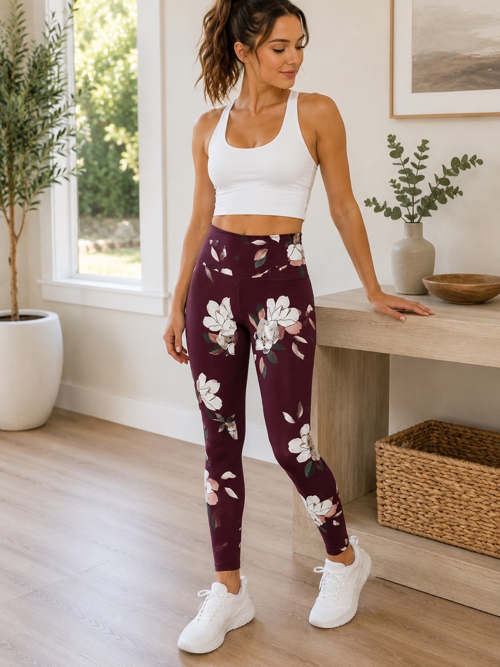 Athleta Elation 7/8 Floral Leggings Medium Plum Purple High Rise Yoga Athleisure